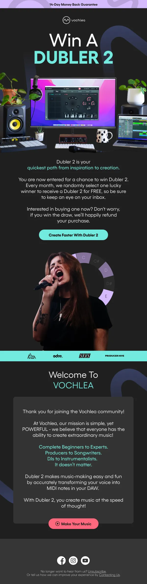 Vochlea welcome email with founder intro and coupon