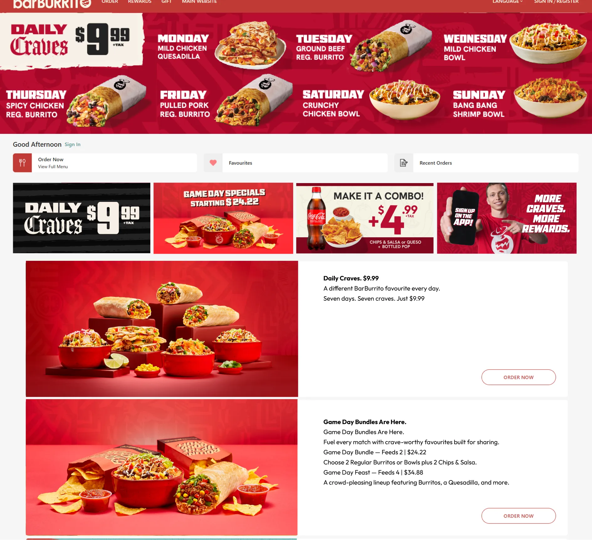 Daily Craves web banners and promo tiles on the BarBurrito ordering site