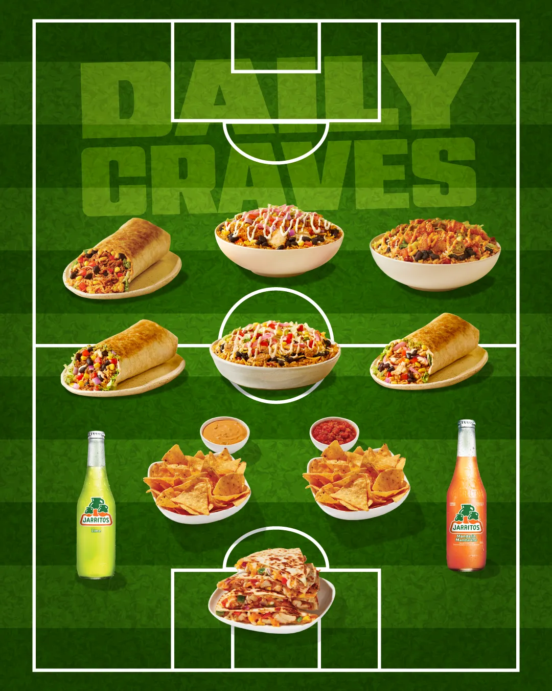World Cup social post, menu line-up on a soccer pitch